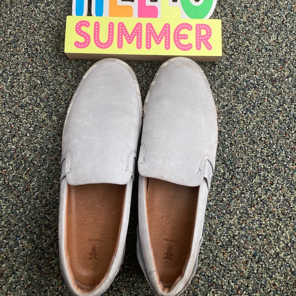 Powder blue suede loafer.